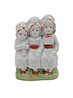 Antique German Bisque Porcelain Three Girls Figurine Seated 4”